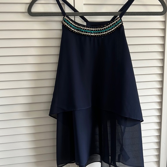Navy blue  skinny strap top with beaded neck line. See through bottom. - Picture 1 of 6
